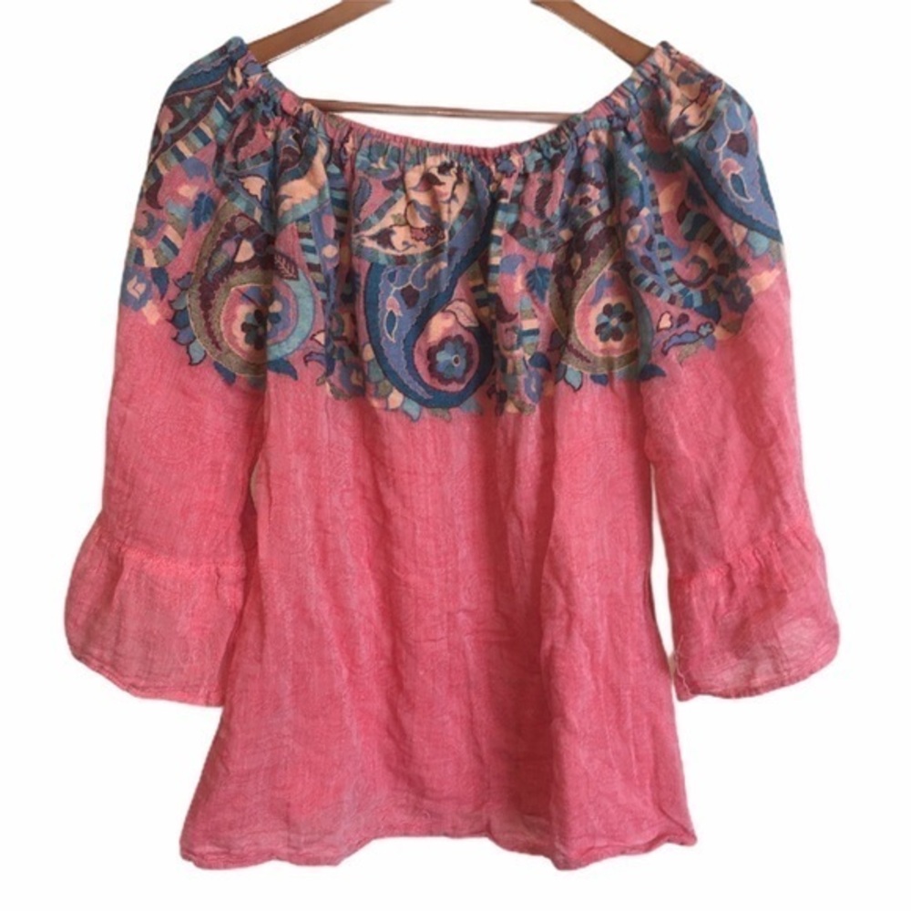 Coral and Paisley Print Off the Shoulder Top